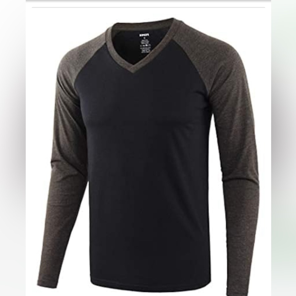 KNQR men’s size small V-neck Raglan T-shirt black charcoal gray long sleeves new